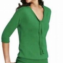 CAbi Sweater Womens M Green Tie Neck Cotton Knit 3/4 Sleeve Christmas V-... - £17.30 GBP