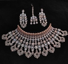 Indian Rose Gold Plated Bollywood Style Necklace Earrings Tikka CZ Jewelry Set - £303.74 GBP