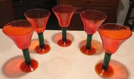 Set of 5 Thick Green Stem Red Textured Holiday Cup Wine Glass Goblet 7&quot; ... - $29.99