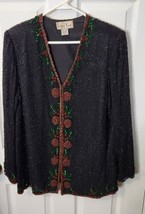 Vintage XL Lawrence Kazar Silk Black Sequin Beaded Blouse Floral Holiday Top - £39.18 GBP