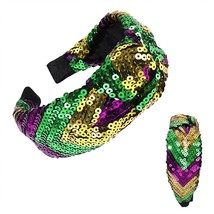 Mardi Gras Sequin Headband Wide Purple Green Gold Knotted Headband for Women Car - £29.03 GBP