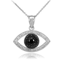 10k Solid White Gold Evil Eye with 16 Clear and 8 Black Diamond Pendant Necklace - £159.95 GBP+
