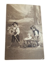 Netherlands Vintage 3 Kids Wagon Branch 1915 Photo Message Stamp Dutch C... - $5.19