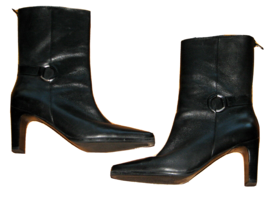 Womens Black Leather Boots Zipper Buckles High Heels Amanda Smith Mid-Calf - £8.51 GBP
