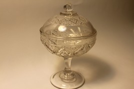 Vintage Pressed Glass Candy Dish Compose Covered Diamond Design Finial T... - £31.82 GBP