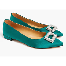 Crystal Embellished Pointed-Toe Satin Flats | Sz 9, Green | J Crew Factory - £56.24 GBP