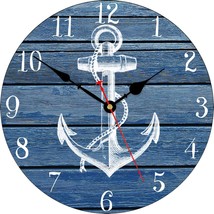 14 Inch White Anchor Pattern Wall Clock, Non Ticking Silent Clocks, Nautical Ret - £34.35 GBP