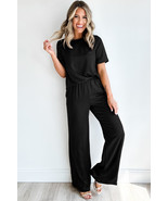 Black Solid Color T Shirt 2pcs Wide Leg Pants Set - $30.10