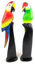 Hand Carved Pair Set Of 2 Green And Red Wood Parrots Birds On Stands - £31.43 GBP