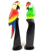 HAND CARVED PAIR SET OF 2 GREEN AND RED WOOD PARROTS BIRDS ON STANDS - £30.91 GBP