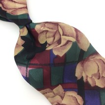 Cellini Usa Tie Green Purple Beige Silk Necktie Geometric Roses I21-146 Vintage - £12.69 GBP