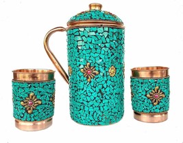 Pure Copper Jug - 2 Glass Drinkware Set Dinnerware Tableware Pitcher outer decor - £57.16 GBP