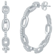 Paperclip LInked Chain Clear CZ Sterling Silver Open Hoop Earrings - £60.74 GBP