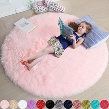 Pink Round Rug for  Bedroom, Kids Room, Furry Carpet for Teen Girls Nursery - £34.08 GBP