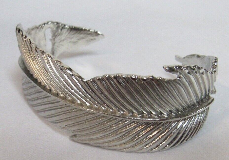 Primary image for Feather or Leaf Cuff Bracelet 7" Silver Tone Unusual Wristlet w/ Tie Holes