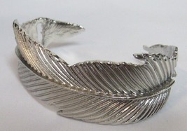 Feather or Leaf Cuff Bracelet 7&quot; Silver Tone Unusual Wristlet w/ Tie Holes - £6.22 GBP