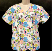 DENICE Scrubs Shirt Dental Medical Nurse Tie Back Floral Butterfly Sz Large - $14.99