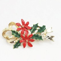 Christmas Holly Gold Ribbon Brooch Signed Gerrys - $44.06