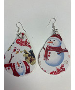 Snowman Christmas Red Teardrop Faux Leather Hand made Earrings Double Sided - £4.43 GBP