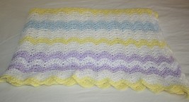 Crochet Baby Blanket Boys Girls Ripple Afghan Yellow Lavender Blue Chevron Large - £16.74 GBP
