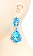 3.25&quot; Long Evening Pierced Earring Aqua Turquoise Pool Blue Crystals Rhinestones - £14.42 GBP