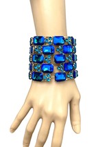 2.5&quot; Wide Pecock Blue Crystals Luxurious Chunky Oversized Bracelet Drag Queen - £26.72 GBP
