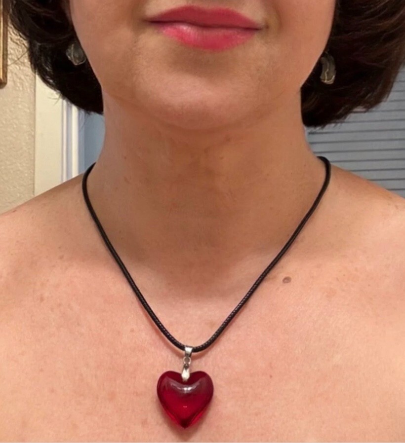 Red Glass Small Heart Necklace Deep Red Puffy Heart Pendant Valentines Day - $15.79