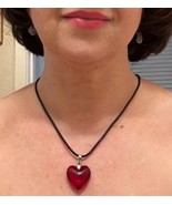 Red Glass Small Heart Necklace Deep Red Puffy Heart Pendant Valentines Day - $21.59 CAD