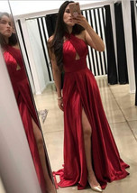 Halter Red Long Prom Dresses, Split Side Prom Dress with Heyhole - £79.92 GBP