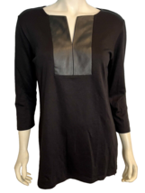 Cato Women&#39;s Split Front Black 3/4 Sleeve Tee Shirt w/Faux Leather Trim ... - £14.95 GBP
