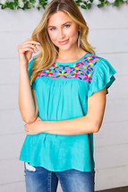Turquoise Floral Embroidered Ruffle Sleeve Top - £14.84 GBP