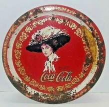 Vintage Coca Cola Tin Serving Tray Round Woman Fancy Hat Red White and Gold 1982 - £10.12 GBP