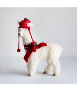 Festive Llama in Knit Hat and Scarf Fur Covered Wood Statue 16.5&quot; H - €42,53 EUR