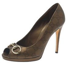Authentic Gucci gold Guccissima Leather New Hollywood Horsebit Peep Toe ... - £208.73 GBP