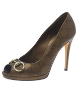 Authentic Gucci gold Guccissima Leather New Hollywood Horsebit Peep Toe ... - £209.39 GBP