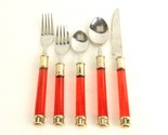 5-Piece Vintage Flatware Place Setting, Red Acrylic Handles, Gold Tone C... - $14.65