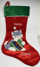 Santa Claws Christmas Stocking Velvet Hanging Decor Appliqued Ornament Kitten - £13.12 GBP