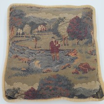 VTG Fishing Fisherman Forest Tapestry Pillow soft thick backing 15&quot;x15&quot; Heavy - £14.77 GBP