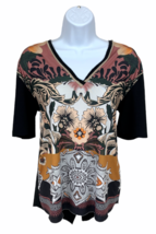 Women&#39;s Casual Floral Blouse Black Art Boho T Shirt V-neck w/  Back Slit... - £13.38 GBP