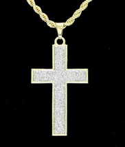 Frosted Star Dust Cross Pendant 14k Gold Plated 24&quot; Rope Necklace Hip Hop - £8.32 GBP