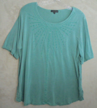 Bua Bua Womens XL Top Pullover Embroidered Short Sleeve Green Stretch Knit - £8.65 GBP