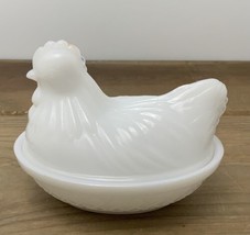 Vintage Milk Glass Hen On Nest Dish Rooster Hazel Atlas Small 4.5” Excellent - £14.02 GBP