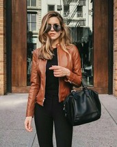 Soft Lambskin Jacket Women&#39;s Biker Slim fit Tan Leather Jacket 100% Genuine - £85.77 GBP
