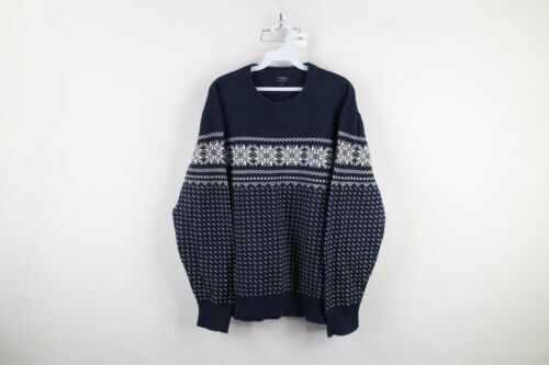 Vintage J Crew Mens Large Distressed Cotton Knit Fair Isle Snowflake Swe... - $33.62