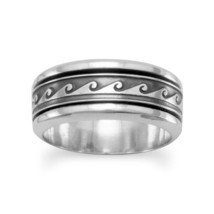 925 Sterling Silver Wave Design 8.5mm Wide Band Spin Ring 14K White Gold Plated  - £107.58 GBP