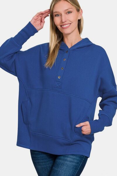 Zenana Half Snap Long Sleeve Hoodie with Kangaroo Pocket - $38.51