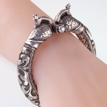 Vintage Tribal India Chitai Peacock Silver Cuff Bracelet, Hand Carved - $686.07
