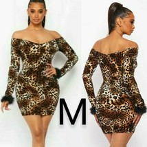 Cheetah Print Velvet &amp; Fur Trim Sleeves Bodycon Dress Size M - £22.83 GBP