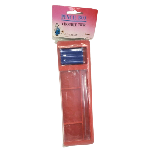 VINTAGE REGENT DOUBLE TIER PLASTIC PENCIL BOX RED &amp; GREEN CLEAR TOP PACKAGE - $27.55