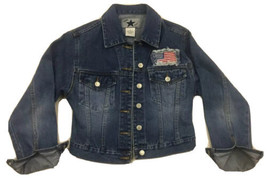 Denim Blue Jean Jacket USA American Flag Embroidered Button Up Women Siz... - $16.83